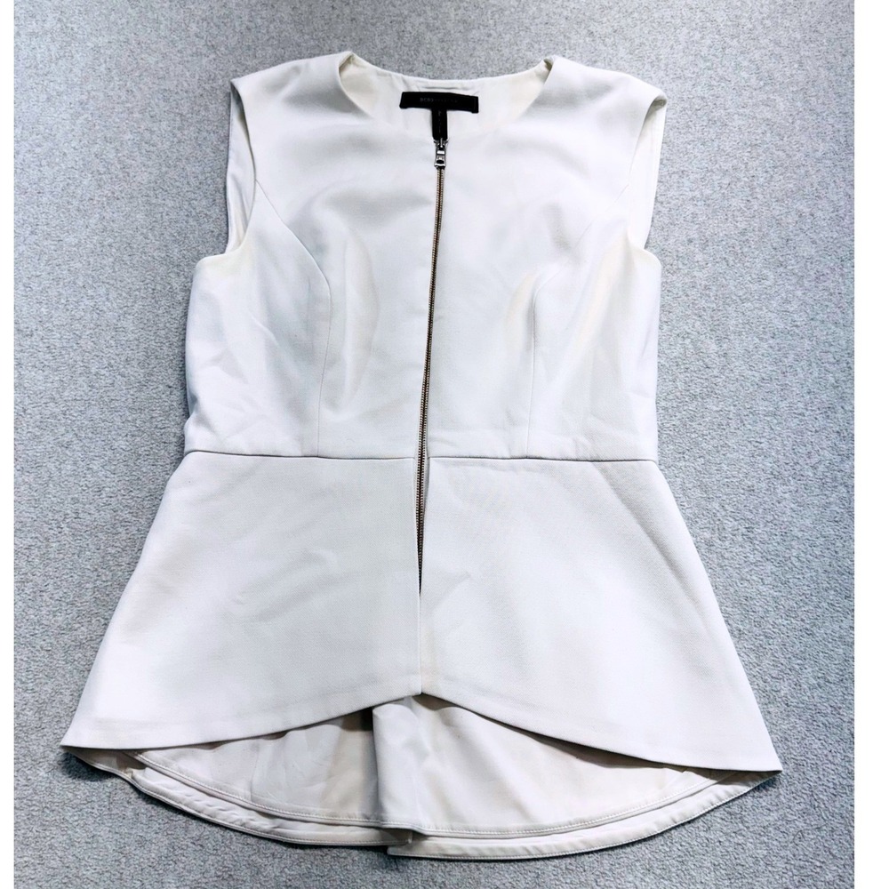 BCBGMAXAZRIA Runway Top Womens S Ivory Zip Front Peplum Sleeveless Office Chic